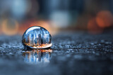 Szklana kula i kropla wody z odbiciem miasta – abstrakcyjna koncepcja