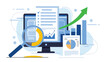 © Yekes Peodn - A modern analytics scene featuring a computer monitor, charts, a pie graph, and a magnifying glass, symbolizing data analysis, reporting, and business growth driven by insights and digital dashboards.