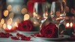 © Honey - A romantic dinner setup with wine glasses and red roses on a table with candles and bokeh lights in the background