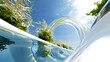 © Somporn Na Ubon - Stunning architectural visualization featuring futuristic landscape with clear water, abstract shapes, and lush greenery, evoking tranquility