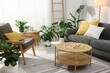 © New Africa - Comfortable armchair, sofa, coffee table and different potted houseplants indoors