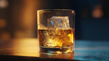 Eleganter Whiskey im Tumbler mit Eiswürfel vor unscharfem Bar-Hintergrund