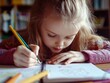 © vefimov - A young girl with long hair focusing on her handwriting