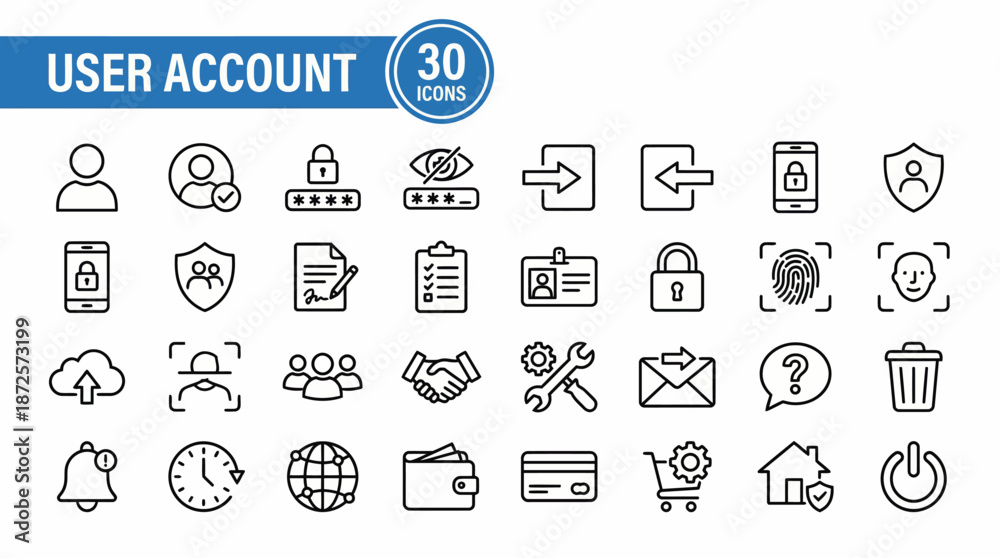 Collection of thin outline icons for user accounts, messaging, cloud ...
