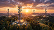 © Ajay - Telecommunication towers transmitting signals over landscape at sunrise, representing mobile connectivity, wireless communication, network coverage and digital infrastructure.