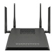 © BTG - Modern black wireless router with four antennas on transparent background