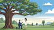 © Anisha - Man proposing marriage to woman under a large tree in a park romantic scene with engagement ring illustration for love and relationships
