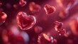 © Hedgehog & Piglet сo - Valentines day background 3D glass hearts flying dark red silk fabric backdrop luxury romantic holiday concept horizontal banner glossy heart shapes abstract love design