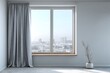 © Imnot99 - Gray curtains frame a large window overlooking a city with buildings.