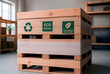 © LIDIIA - Wooden pallet loaded with eco friendly boxes and sustainable packaging labels in warehouse. Space for text.