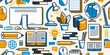© Sylverarts - Office or remote work seamless background, PC and papers job workplace desk vector endless wallpaper, all elements easy to use separately as an icons or illustrations.