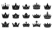 © Muginandaru - A collection of fifteen black silhouette icons representing various royal crowns and tiaras, arranged in three rows.