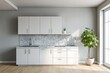 © Imnot99 - Modern white kitchen with a granite backsplash and potted plant.