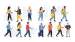 © Joniss - A diverse group of people of various ages and ethnicities walking and interacting in a modern, flat illustration style.