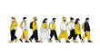 © Indar - A diverse group of people in yellow and black clothing walking in a line.