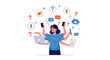 © Creative Craftr - A busy woman with multiple arms multitasking by using a laptop, phone, and handling various tasks and questions simultaneously.