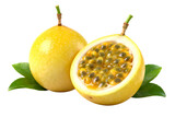 Fresh Whole and Cut Yellow Passion Fruit with Leaves