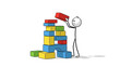 © niki - Two Stick Figures Building a Tower with Colorful Blocks in Bright Studio