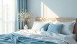 © Vadym - Stylish bedroom interior with light blue accents. Comfortable bed with pillows and blankets. Window with curtains and natural light. White flowers in vase on bedside table.
