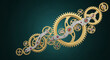 © Mirivox - Image of golden gear mechanism against teal backdrop, forming a complex design, representative of precision, engineering, time, and mechanical operation
