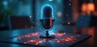 © Vadym - Futuristic microphone glows with blue light on table. Voice recognition, AI, modern tech concept. Mic for podcast recording, voice assistance, communication online via neural network. Smart home