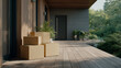 © Svetlana - Cozy entrance with moving boxes on a wooden porch, representing a new beginning and relocation services.