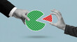 © tonstock - Two hands holding a green polka dot pie chart and a separated red slice conveying negotiation collaboration and playful business exchange