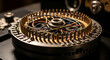 © Platon - A detailed close-up of a circular electronic part with many gold pins and colorful tangled wires in the center