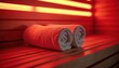 © Viktor - Sauna interior with rolled towels on bench. Warm red light creates inviting atmosphere for relaxation. Concept for spa treatments and promoting health through detoxification in wellness center.