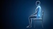 © Artem Zatsepilin - side view of human body sitting on chair with highlighted spine. 3d illustration of correct posture and ergonomics. anatomy and healthcare concept. medical banner with copy space.
