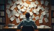 © Viktor - Writer sits at desk in deep thought. Laptop screen reflects work. Many papers cover wooden wall, desk. Person feels overwhelmed by project, work, creative block at home office. Study time pressure