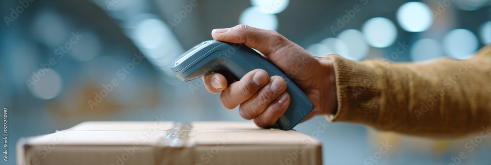 Scan Parcel Picture Worker hand using a modern wireless barcode scanner to check inventory ...