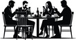 © Samina - Black silhouette of people at restaurant table using mobile phones, four friends distracted by smartphones during dinner, minimalist social media addiction.
