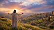 © pozitivo - Jesus stands on a flowery hill, arms outstretched towards the sunset over ancient terraced fields and historical stone structures, symbolizing hope, blessing, and divinity.