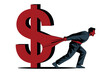 © fozani - A man struggling to pull a large dollar sign, symbolizing financial stress.