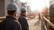 © Bussakon - Construction workers in hard hats stand on a sunlit development site observing the busy industrial project with bright glare