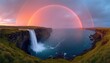 © Maryna - Spectacular aerial photo of waterfall merging with ocean under a vivid rainbow. Natural landscape features scenic view with dramatic cliffs. Scenic nature scene at dusk.