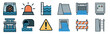 © Khmel - Hydroelectric power and water management icon collection featuring a dam, turbine, spillway, and safety signs in a simple filled outline vector graphic illustration style
