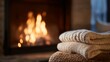 © forenna - Knitted blanket folded beside a warm fireplace, flickering flames reflecting on fibers and creating a serene mood of coziness, warmth, and quiet retreat. cinematic color correction, natural uneven