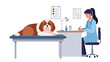 © Mimi - Dedicated female veterinarian in a blue scrub suit consulting with a large, fluffy brown and white dog patiently lying on an examination table, depicted in a detailed pixel art style.