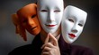 © Auraclicks - Personality psychology concept multiple masks showing different emotions identity self reflection psychological traits conceptual art minimalist background studio lighting high contrast