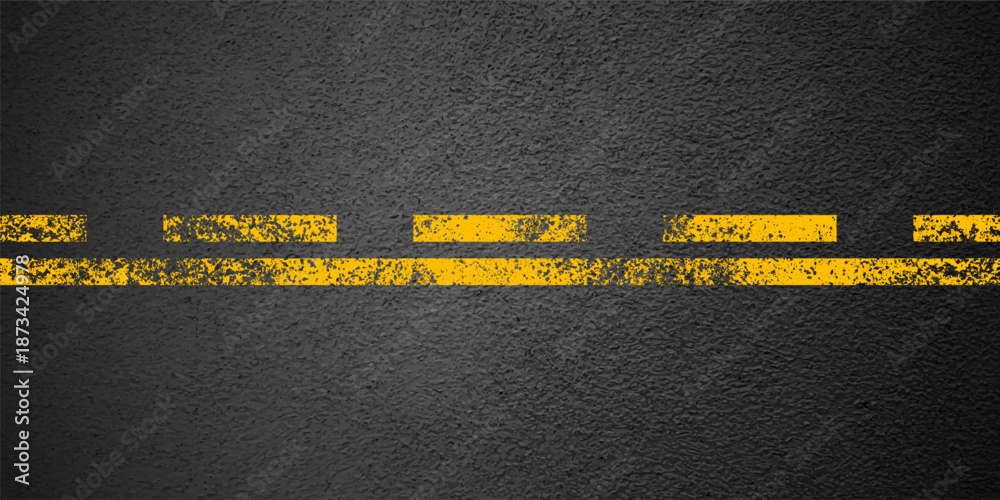 Asphalt road with yellow lane marking, concrete highway surface, texture. Street traffic line, road dividing strip. Pattern with grainy structure, grunge stone background. Vector illustration