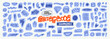 © Anastasiia Hevko - Blue scrapbook scribble doodle stickers set on notebook grid background. Crayon or pencil drawn doodle on torn edges collage blue paper. Pen note scribbles, crown, arrow and heart scrapbook clip art.