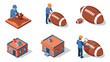 © Santiago - Isometric manufacturing process of american footballs and equipment assembly