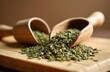 © Vadym - Genmaicha tea close up on wooden surface. Roasted rice with green tea in scoops. Macro photo of aromatic japanese refreshment. Zen beverage for wellness ritual. Antioxidant drink for healthy