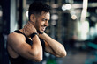 © Prostock-studio - Body Injury. Portrait of young arab man suffering from pain in neck, middle eastern male athlete massaging sore zone and screaming with ache, having symptoms of cervical chondrosis, copy space