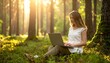 © P - Young woman working on laptop in sun-drenched forest, enjoying remote work amidst nature's tranquility and golden hour glow
