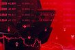 © vadish - Hand holding smartphone with trading data and falling market charts on red background. Concept of financial crisis, stock market crash, crypto trading loss and investment risk.