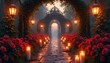 © Vadym - Romantic rose garden path lit by lanterns and candles. An ornate gate opens to a misty dawn sky. Rich red roses flank stone walkway. Magical atmosphere.