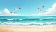 © Vadym - Illustration shows tranquil beach scenery with gulls. Blue sea waves break near sandy shore. Sunny day at coast provides feelings of peacefulness, relaxation for summer vacation mood. Sky clear,